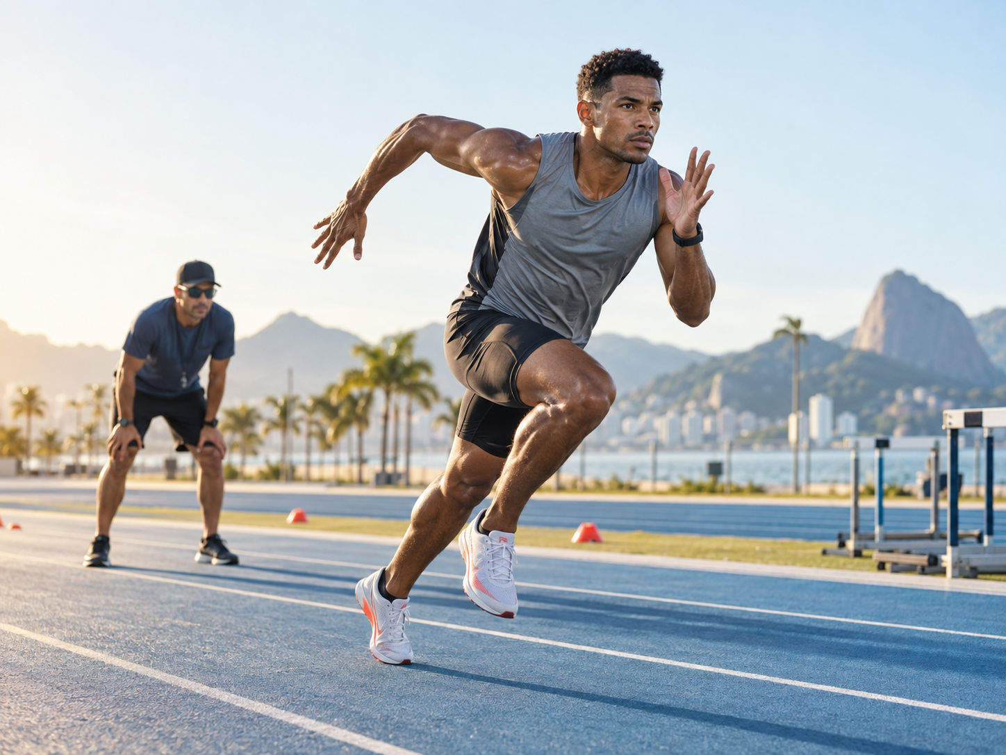 Atleta realizando treino de aceleração em pista