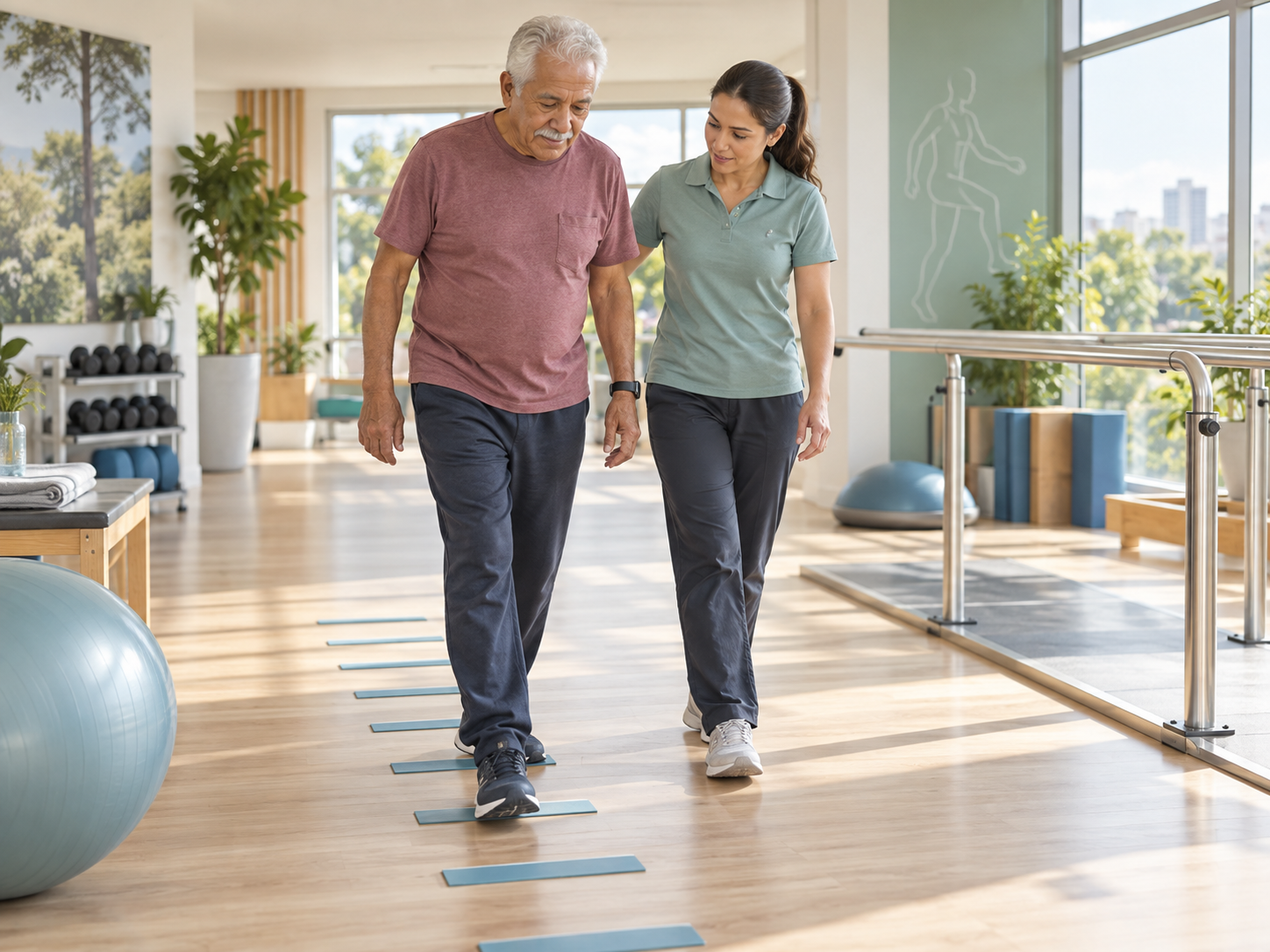 Paciente com doença de Parkinson realizando treino de marcha com fisioterapeuta