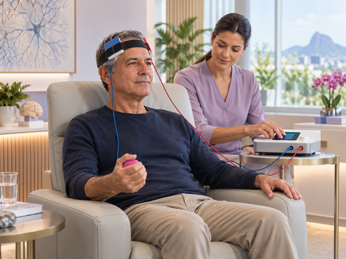 Paciente realizando sessão de estimulação transcraniana por corrente contínua